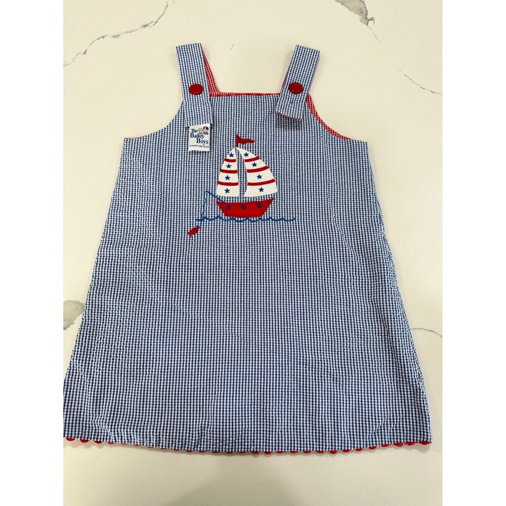 The Bailey Boys Reversible Gingham Jumper Dress 4T Sailboat Puppy Dog Blue Red